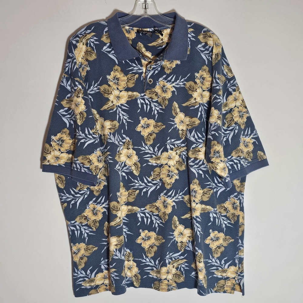 Vintage OP‎ Sport Polo Shirt Mens XXL Blue Waffle Floral Hawaiian Ocean Pacific